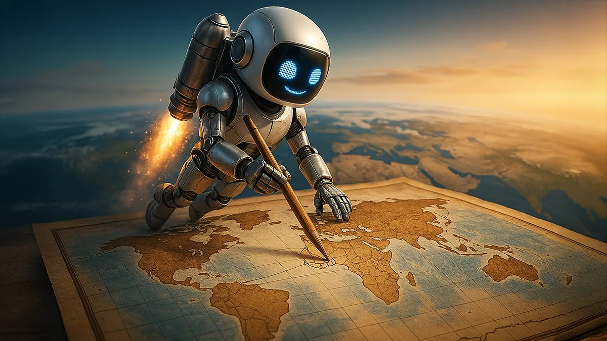 Ein KI-Entdecker mit Jetpack und Weltkarte